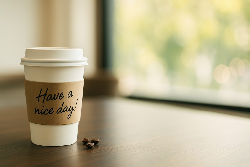 「Have a nice day」のメッセージが書かれた持ち帰り用コーヒー