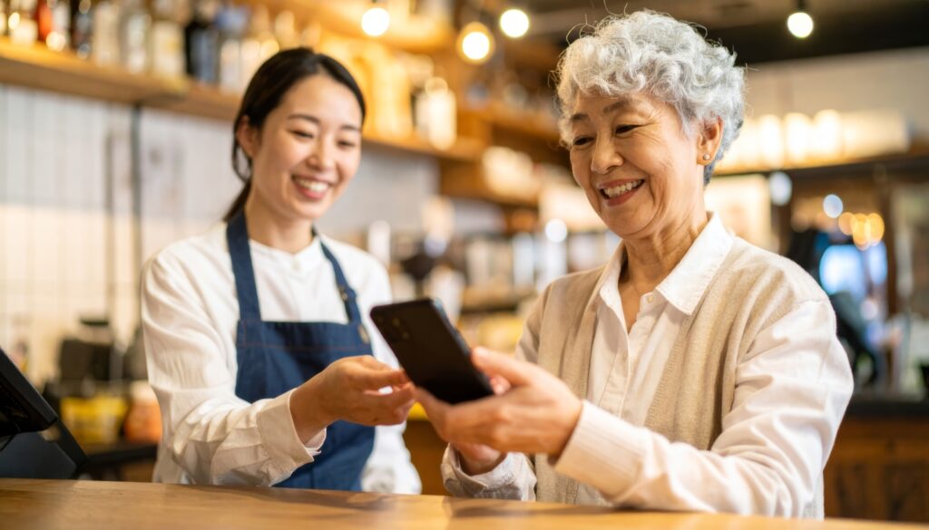 スマホ決済を使いこなす高齢女性のスマートな買い物