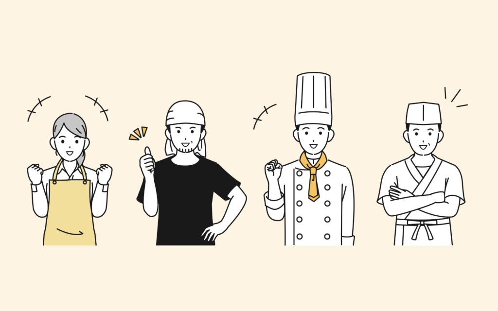 笑顔で頑張る飲食店の店員のイラスト