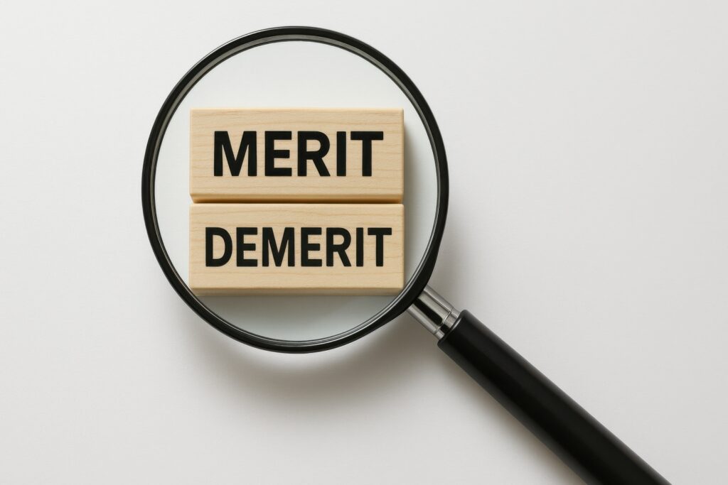 清潔感のある白背景に、「メリット」と「デメリット」の文字が書かれた木製ブロックを虫眼鏡で強調した画像