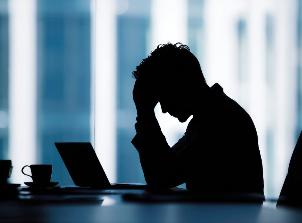 トラブルで頭を抱えたビジネスマンのシルエット