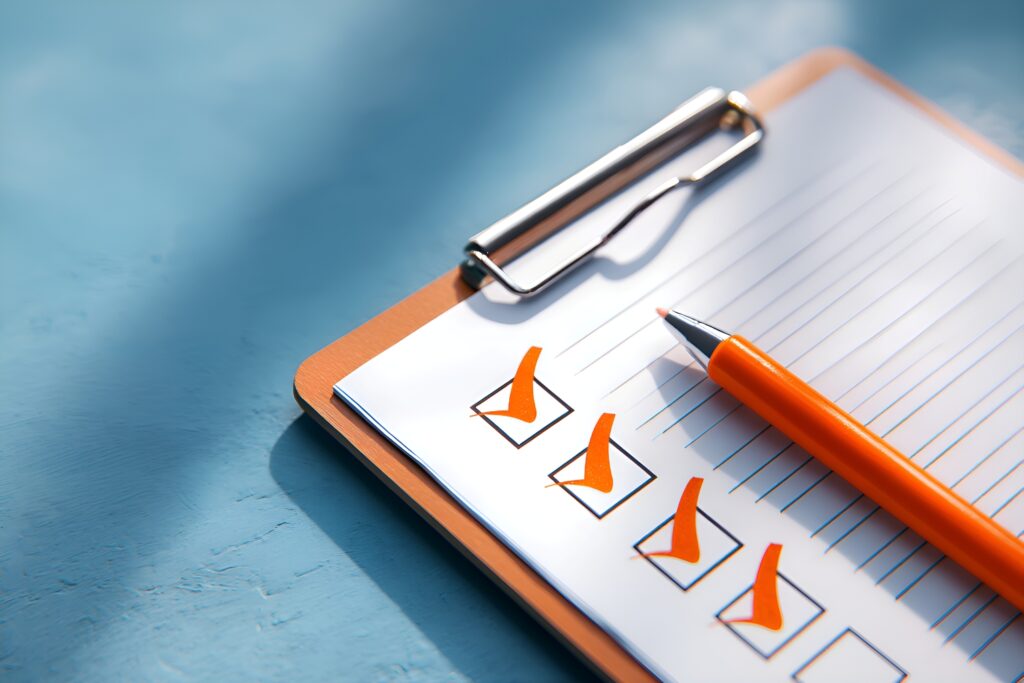 青いテーブル上のチェックリストとオレンジ色のペンが付いたクリップボード。