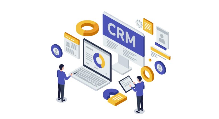 ビジネスパーソンとテクノロジー要素を組み合わせた、アイソメトリック（等角投影図）なCRMソフトウェアのコンセプト