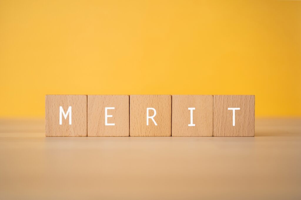 「MERIT」と書かれた積み木